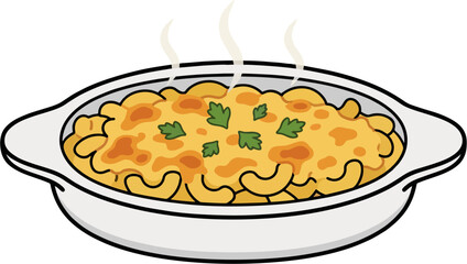 Baked Cheesy Macaroni in White Dish Cartoon Vector Illustration