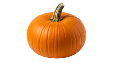 Orange pumpkin with ribbed texture and green stem on black background