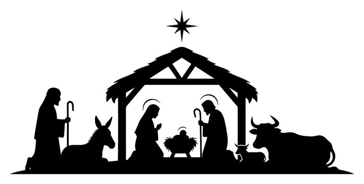 Black silhouette of Christmas Nativity scene with Holy Family shepherd and animals in stable