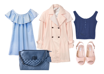 stylish women's fashion outfit featuring a blue dress, pink coat, navy top, and pink shoes, perfect for modern style and seasonal trends