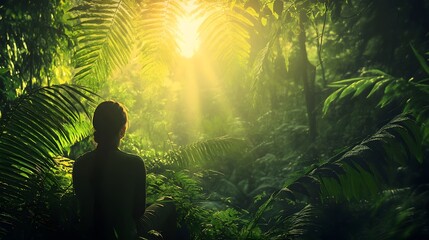 A solitary figure sits in the midst of a lush, green jungle, bathed in the warm glow of the setting sun.