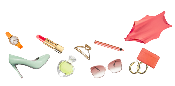 chic women's accessories assortment with trendy apparel, sparkling jewelry, cosmetics, and stylish shoes, perfect for modern lifestyle and fashion concepts - Powered by Adobe