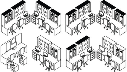 Naklejka premium Office layout isometric view workstation design and furniture