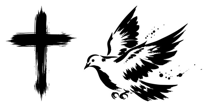 Grunge religious symbols set with brush stroke Christian cross and dynamic flying dove with ink splatter details vector sketch