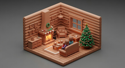 Gingerbread house decoration with sweet candy gifts and Christmas tree in a snowy winter wood