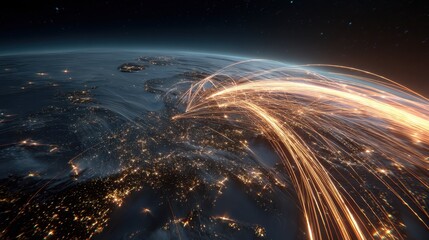 Golden Arcs of Light Stream Across a Networked Earth Viewed from Space at Night.