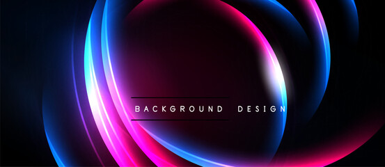 Abstract neon lights form circular shapes over dark background. Vibrant colors create modern design element.