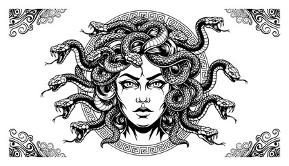 Head of Medusa Gorgon with snake hair in a Greek ornamental frame black and white vector illustration © Wuszu