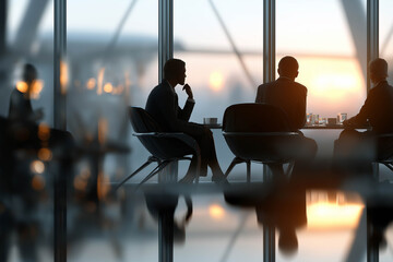 Silhouetted business professionals engaged in a strategic meeting at sunset, with a modern office setting showcasing large windows and a reflective table surface