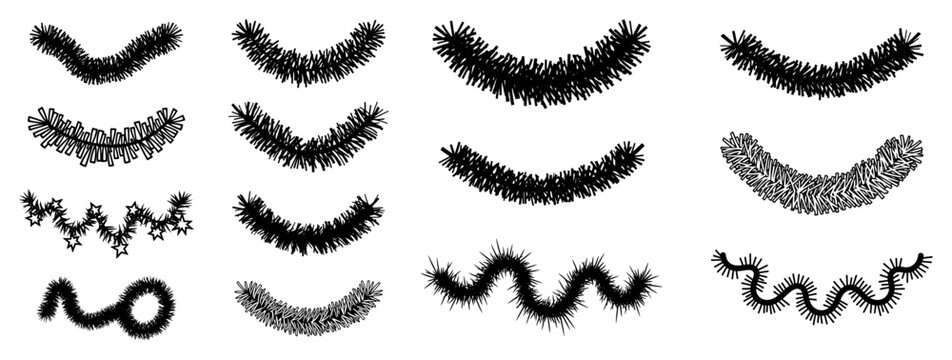 Vector collection of black Christmas tinsel garlands and pine tree branches
