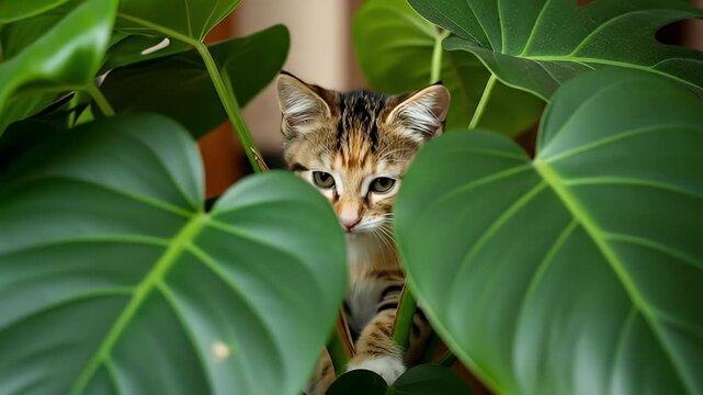 This charming video captures a small, striped tabby kitten playfully hiding amongst lush, vibrant green houseplant leaves. The adorable feline initially peeks out with squinted, curious eyes before wi