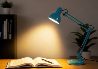 Study desk with bright turquoise lamp illuminating an open book.