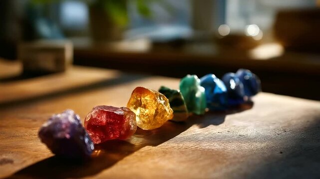 Overhead view of chakra crystals arranged in rainbow spectrum no people visible seven chakra stones color healing spiritual alignment energy centers crystal therapy reiki