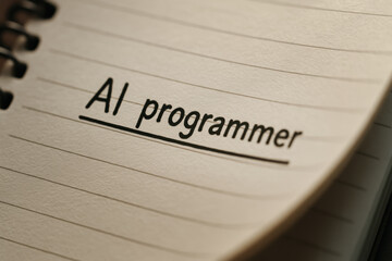 AI programmer prompt ai notebook page with handwritten title expressing focused creative mood and coding intent