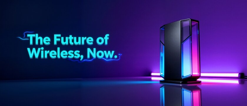 A futuristic wireless device glowing with blue and purple neon lights. Modern router for high-speed internet and gaming on a dark background. Technology innovation banner