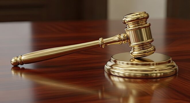 Gleaming golden gavel rests on polished wood, symbolizing justice, law, and legal authority in a refined setting perfect for legal themes and corporate content