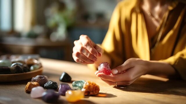 Hands selecting healing stone from crystal collection face obscured gemstone therapy spiritual healing reiki practice crystal energy metaphysical healing chakra stones