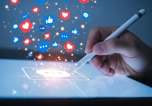 Hand using digital pen on tablet with social media icons floating above the screen in a blue background