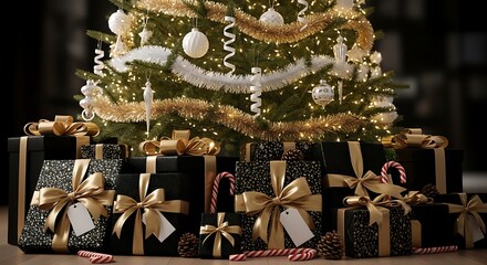 Elegant Christmas Tree with Gold Presents and Festive Decorations