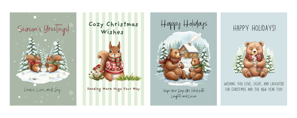 Printable Watercolor Christmas Cards Collection. Greetings Postcards. Beautiful Watercolor illustrations. A6 Size Format. Happy Holidays. Squirrels - Bears - Vintage Illustrations.