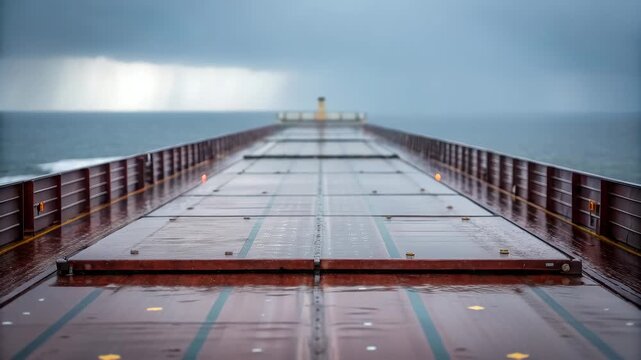 Cargo ship deck with metal hatch covers at port harbor under cloudy sky on rainy day creating calm maritime atmosphere near sea ocean