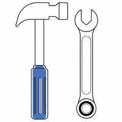 Illustration of a hammer and a wrench isolated on