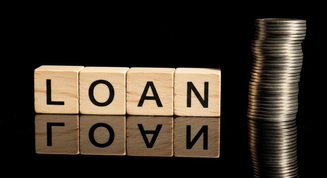 Loan depicted by blocks and a stack of coins on a black reflective surface showing financial concept - Powered by Adobe
