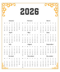 2026 Annual Calendar with Decorative Corner Ornaments
