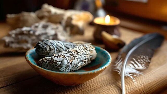 Overhead view of smudging supplies on altar no faces visible sage bundles palo santo abalone shell feather cleansing tools ritual items spiritual practice defocused through