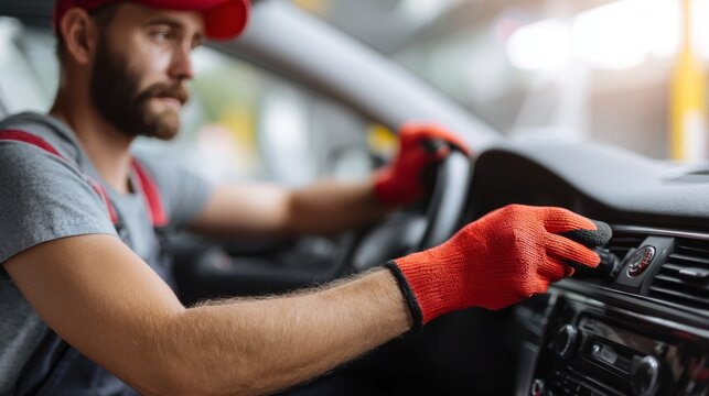 A Caucasian male mechanic wearing red gloves adjusts the car's air conditioning controls inside a vehicle. - Powered by Adobe