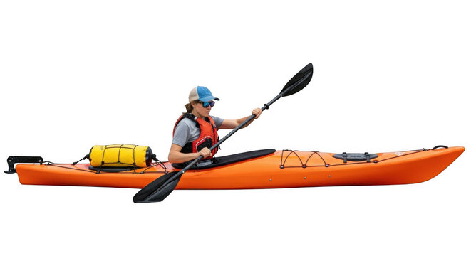 Woman kayaking on orange kayak isolated on transparent background