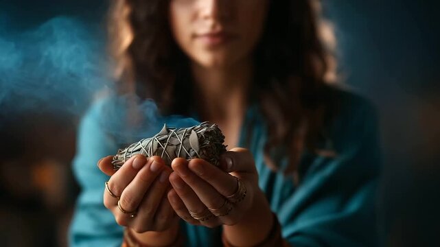 Close up of witch's hands holding sage smudge stick face obscured spiritual cleansing smoke ritual energy clearing smudging ceremony purification practice sacred herbs cere