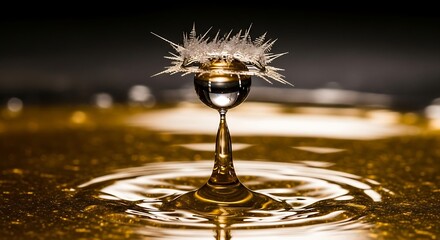 Frozen crown formed from water droplet collision, golden liquid surface