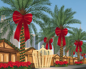 Illustration of christmas market with palm trees decorated with red bows in dubai, uae