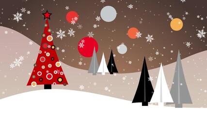 Retro mid century modern christmas tree with falling snow and geometric shapes in beige xmas winter landscape, seamless loop flat vector holiday animation - Powered by Adobe