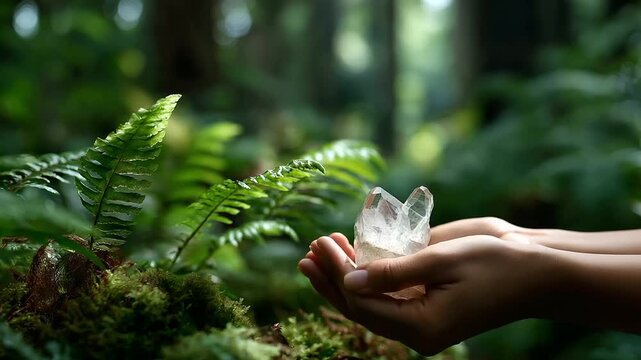 Hands holding quartz crystal in mysterious forest face obscured nature connection crystal magic forest spirituality earth energy natural healing woodland ritual green folia