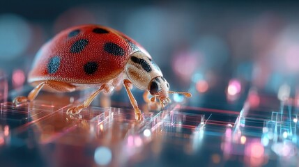 Ladybug inside neon shadow grid glowing softly, detailed macro close-up showing insect detail and surreal luminous geometric pattern