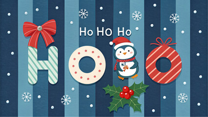 Charming Illustration of Patterned Letters and a Penguin Against a Blue Striped Background.