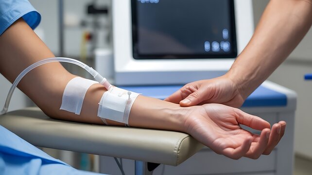 Closeup of arm with bandages during apheresis procedure in medical setting