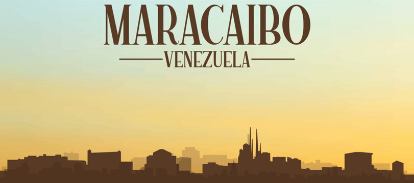 Panoramic poster of the city skyline with misty background buildings, hills sunrise, sunset and clouds of MARACAIBO, VENEZUELA
