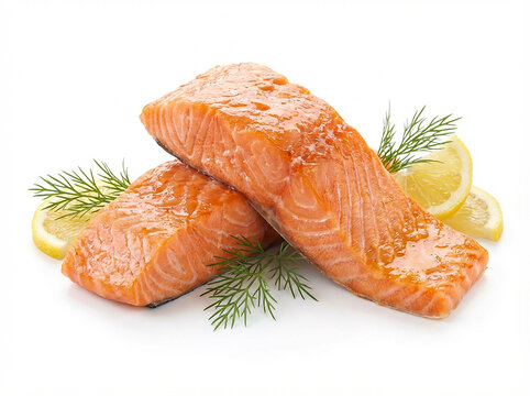 Filets de saumon cuits servis avec citron et aneth sur fond blanc