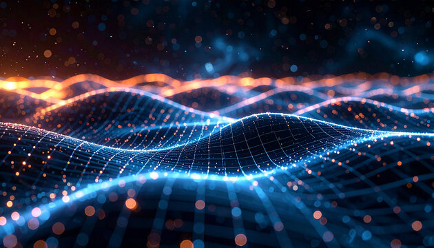 Digital Wave of Innovation: An abstract visualization of a digital wave, rendered with luminous blue and orange particles, symbolizing technological advancement and the flow of information.