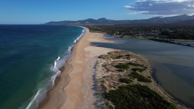 Steels Beach And Scamander River In Tasmania, Australia - Aerial Drone Shot