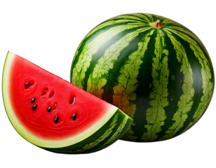 Ai generated image of a vibrant, juicy slice of fresh watermelon rests beside a whole, ripe_.png