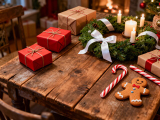 Rustic Christmas Table with Gifts and Wreath