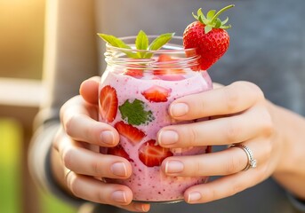 Refreshing strawberry smoothie in a mason jar held in gentle hands