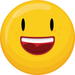 Cheerful yellow circle emoji face with wide smile and large open mouth showing white teeth and red gums with freckles and black oval eyes on a transparent background perfect for digital communication