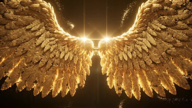 Golden angel wings spread with divine light. Person stands between glowing wings. Angel wings shine golden. Silhouette figure with wings. Golden feather wings glow. Spiritual divine wings.