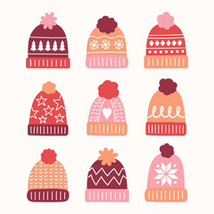 Colourful hand drawn winter hat set. Christmas elements. Vector illustration