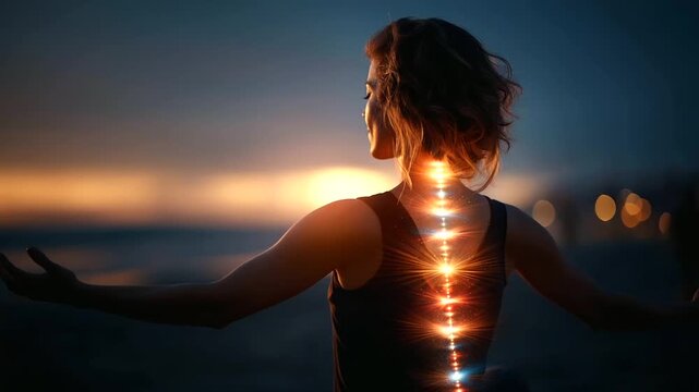 Person silhouette with seven chakras glowing face not visible energy body spiritual light chakra activation aura visualization meditation practice sunset or sunrise beach